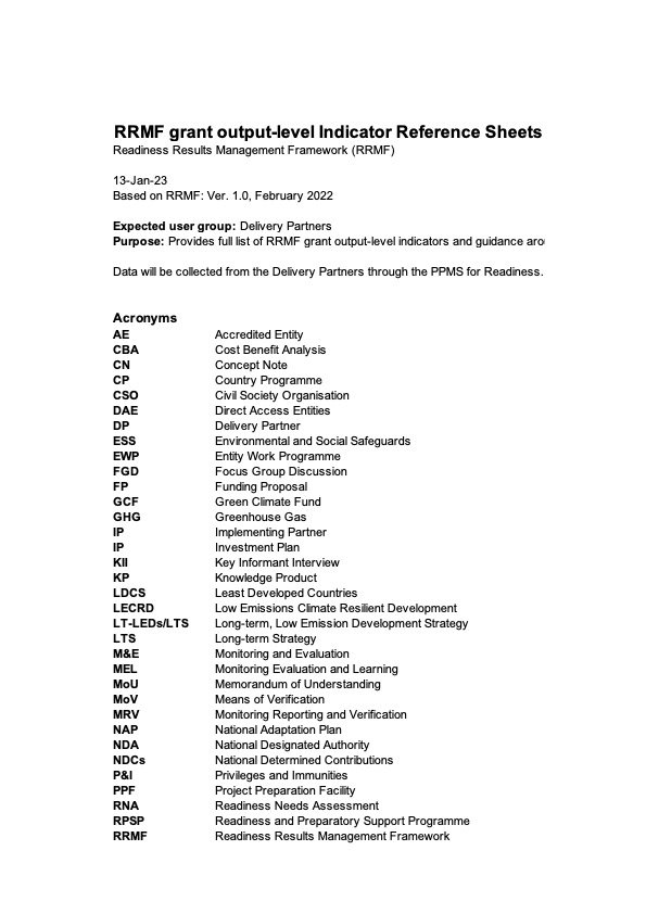 Document cover for RRMF grant output-level Indicator Reference Sheets (IRS)