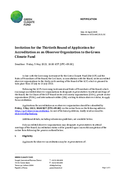 Document cover for Invitation for the Thirtieth Round of Application for Accreditation as an Observer Organization to the Green Climate Fund