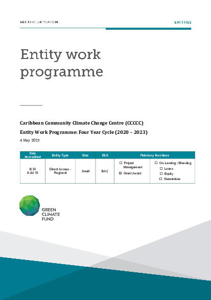 Document cover for Caribbean Community Climate Change Centre (CCCCC) Entity Work Programme: Four Year Cycle (2020-2023)