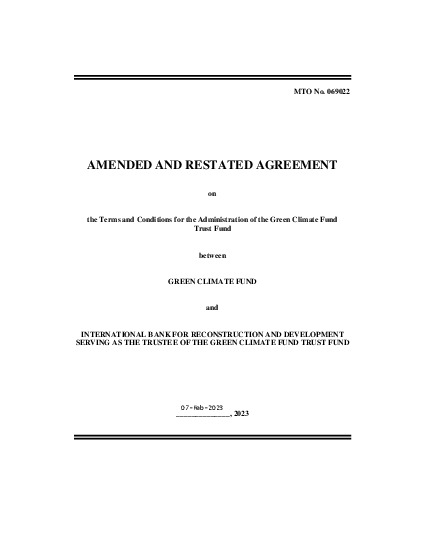 Document cover for Amended and restated agreement on the terms and conditions for the administration of the Green Climate Fund Trust Fund