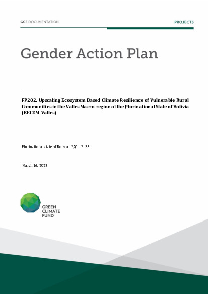 Document cover for Gender action plan for FP202: Upscaling Ecosystem Based Climate Resilience of Vulnerable Rural Communities in the Valles Macro-region of the Plurinational State of Bolivia (RECEM-Valles)