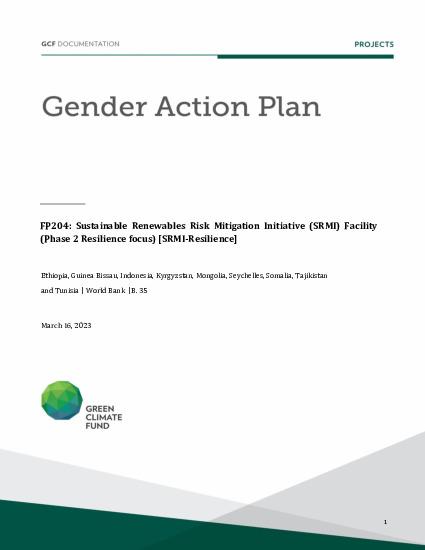 Document cover for Gender action plan for FP204: Sustainable Renewables Risk Mitigation Initiative (SRMI) Facility (Phase 2 Resilience focus) [SRMI-Resilience]