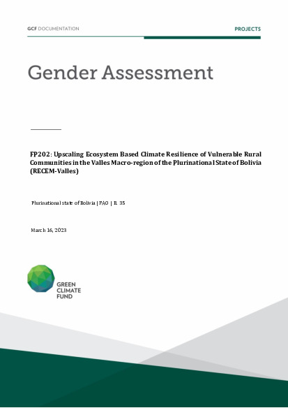 Document cover for  Gender assessment for FP202: Upscaling Ecosystem Based Climate Resilience of Vulnerable Rural Communities in the Valles Macro-region of the Plurinational State of Bolivia (RECEM-Valles)