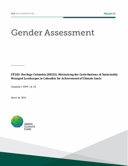 Document cover for  Gender assessment for FP203: Heritage Colombia (HECO): Maximizing the Contributions of Sustainably Managed Landscapes in Colombia for Achievement of Climate Goals