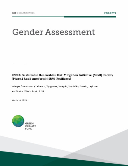Document cover for  Gender assessment for FP204: Sustainable Renewables Risk Mitigation Initiative (SRMI) Facility (Phase 2 Resilience focus) [SRMI-Resilience]