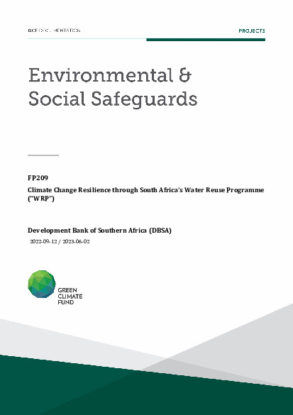 Document cover for Environmental and social safeguards (ESS) report for FP209: Climate Change Resilience through South Africa’s Water Reuse Programme (“WRP”)