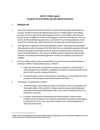 Document cover for Call for Public Inputs: Proposal for GCF REDD+ Results-Based Payments 