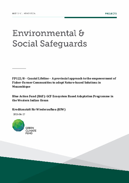 Document cover for Environmental and social safeguards (ESS) report for FP122: Blue Action Fund (BAF): GCF Ecosystem Based Adaptation Programme in the Western Indian Ocean - Coastal Lifeline – A provincial approach to the empowerment of Fisher-Farmer Communities to adopt Nature-based Solutions in Mozambique