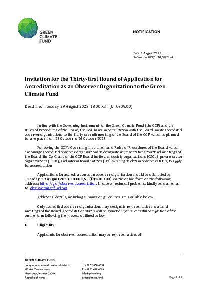 Document cover for Invitation for the Thirty-first Round of Application for Accreditation as an Observer Organization to the Green Climate Fund