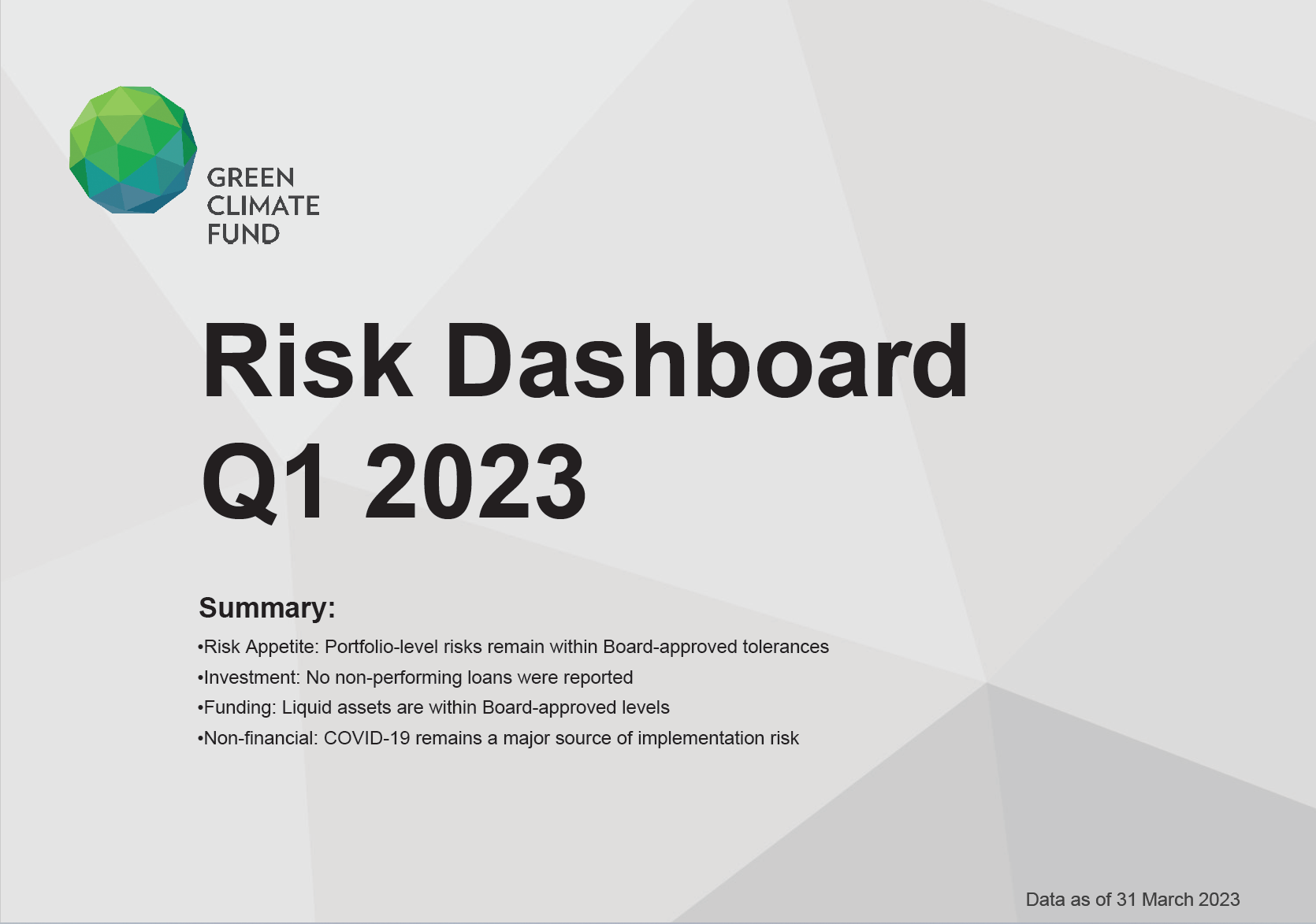 Document cover for GCF Risk Dashboard (Q1 2023)