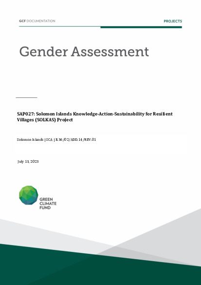 Document cover for  Gender assessment for SAP027: Solomon Islands Knowledge-Action-Sustainability for Resilient Villages (SOLKAS) Project