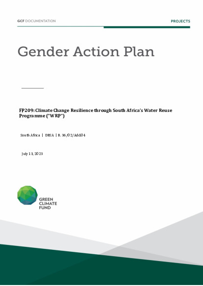 Document cover for Gender action plan for FP209: Climate Change Resilience through South Africa’s Water Reuse Programme (“WRP”)