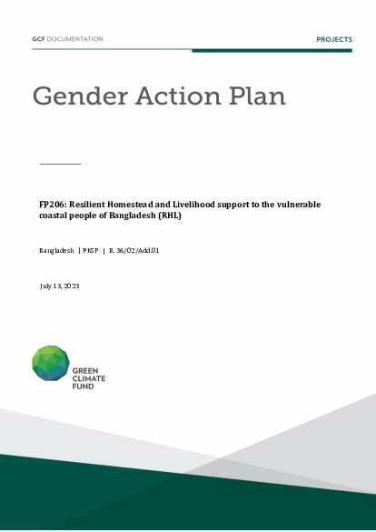 Document cover for Gender action plan for FP206: Resilient Homestead and Livelihood support to the vulnerable coastal people of Bangladesh (RHL)