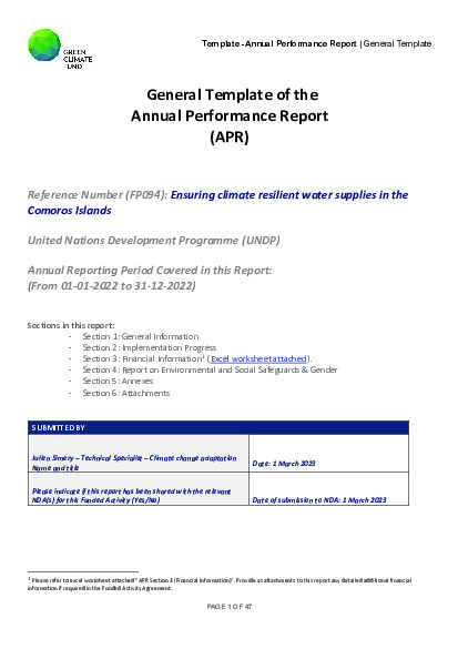 Document cover for 2022 Annual Performance Report for FP094:Ensuring climate resilient water supplies in the Comoros Islands