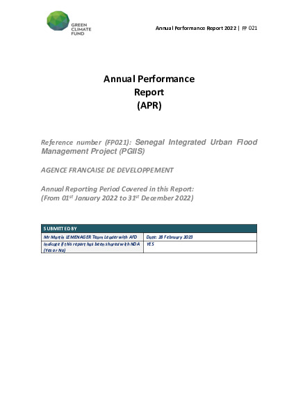 Document cover for 2022 Annual Performance Report for FP021: Senegal Integrated Urban Flood Management Project