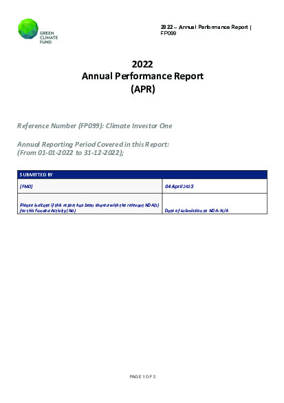 Document cover for 2022 Annual Performance Report for FP099: Climate Investor One