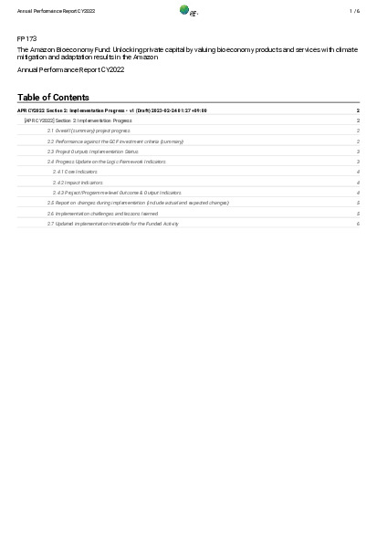 Document cover for 2022 Annual Performance Report for FP173: The Amazon Bioeconomy Fund: Unlocking private capital by valuing bioeconomy products and services with climate mitigation and adaptation results in the Amazon