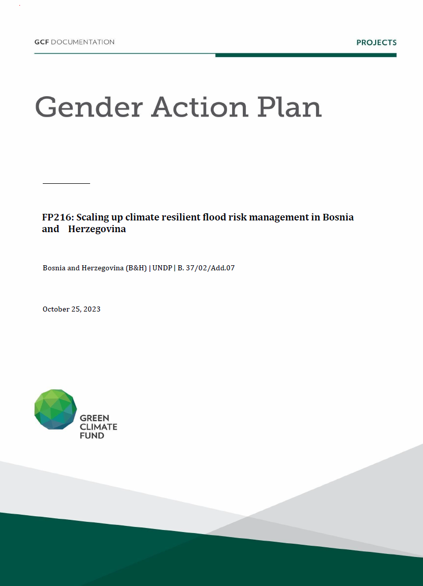 Document cover for Gender action plan for FP216: Scaling up climate resilient flood risk management in Bosnia and Herzegovina