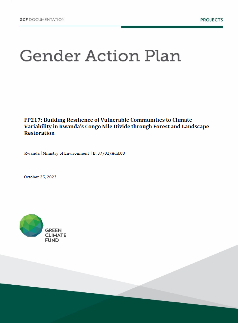 Document cover for Gender action plan for FP217: Building Resilience of Vulnerable Communities to Climate Variability in Rwanda’s Congo Nile Divide through Forest and Landscape Restoration