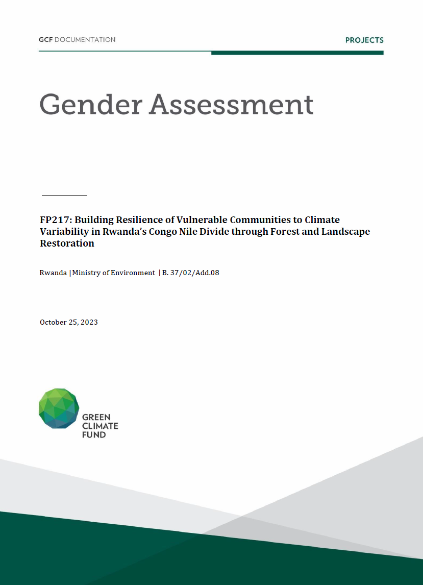 Document cover for  Gender assessment for FP217: Building Resilience of Vulnerable Communities to Climate Variability in Rwanda’s Congo Nile Divide through Forest and Landscape Restoration