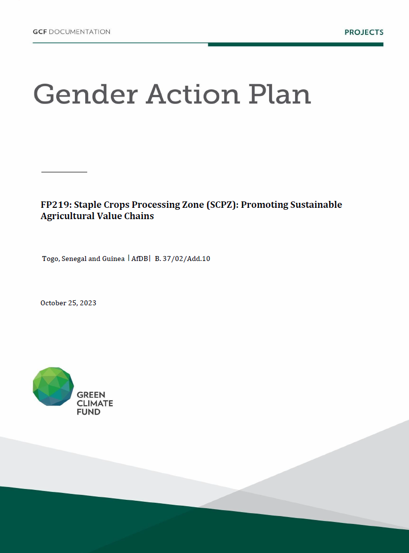 Document cover for Gender action plan for FP219: Staple Crops Processing Zone (SCPZ): Promoting Sustainable Agricultural Value Chains