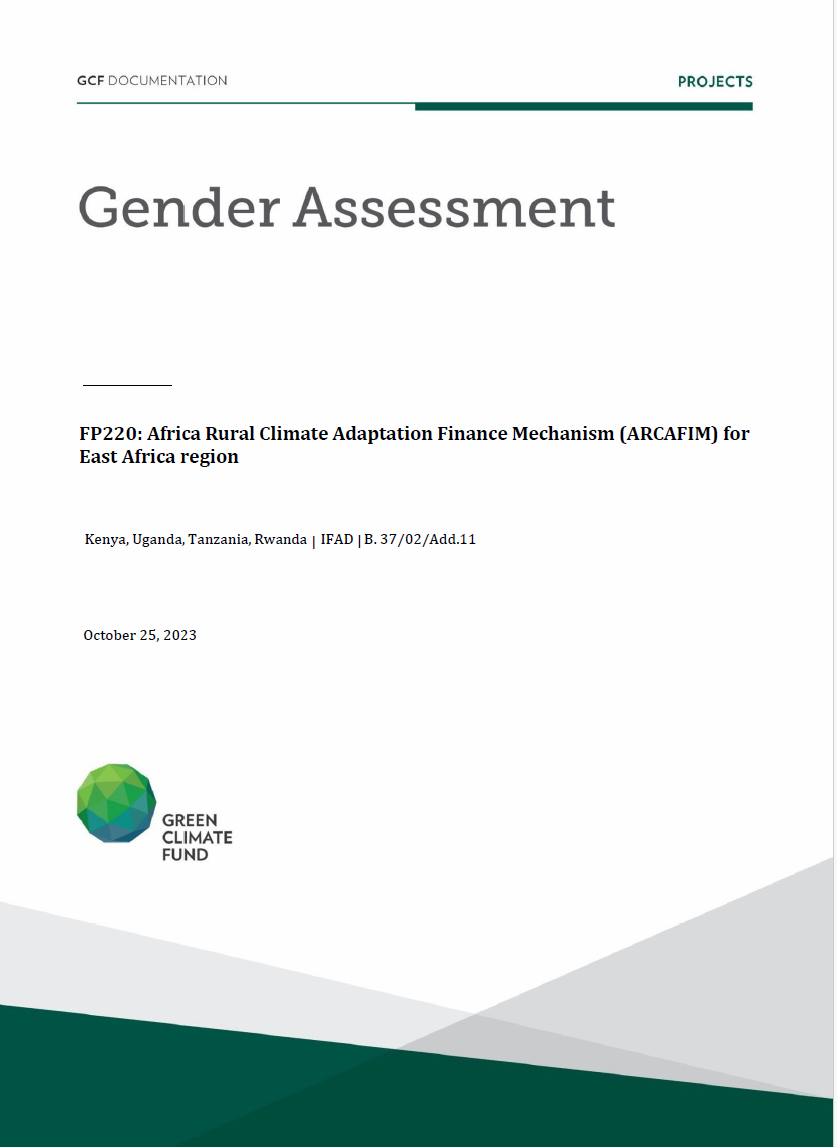 Document cover for  Gender assessment for FP220: Africa Rural Climate Adaptation Finance Mechanism (ARCAFIM) for East Africa region