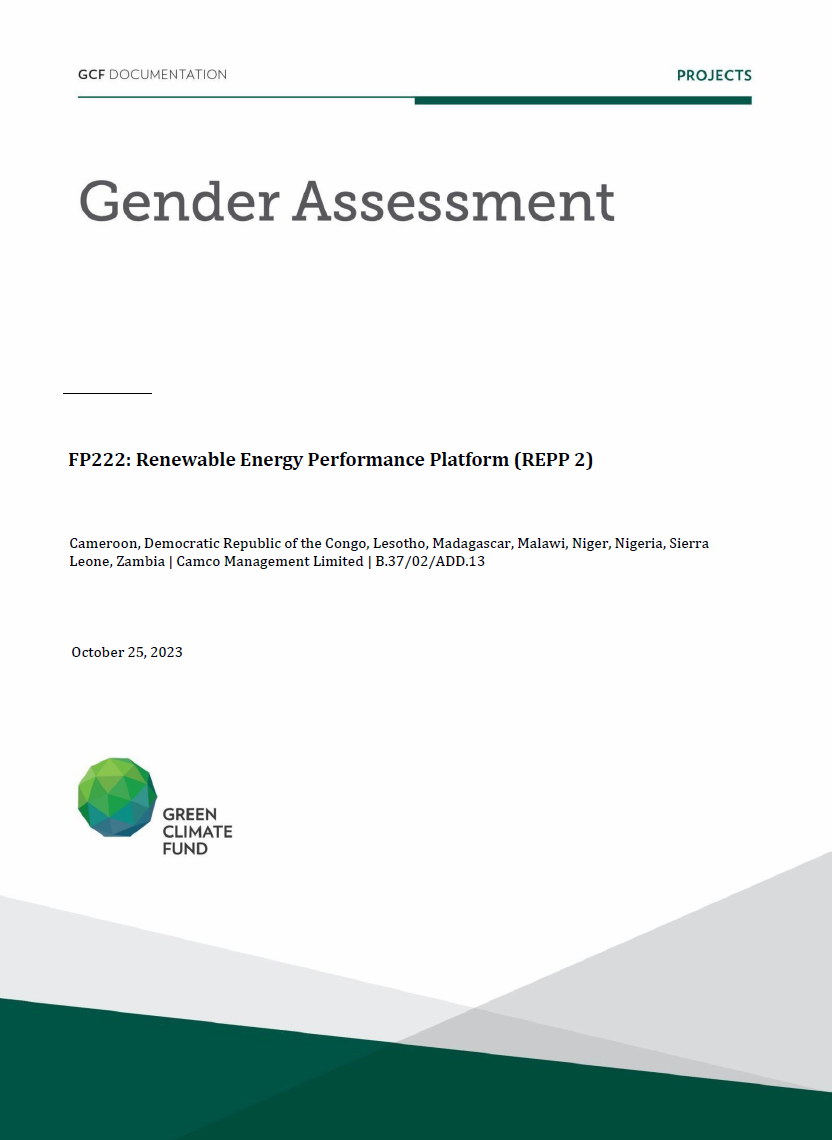 Document cover for Gender assessment for FP222: Renewable Energy Performance Platform (REPP 2)