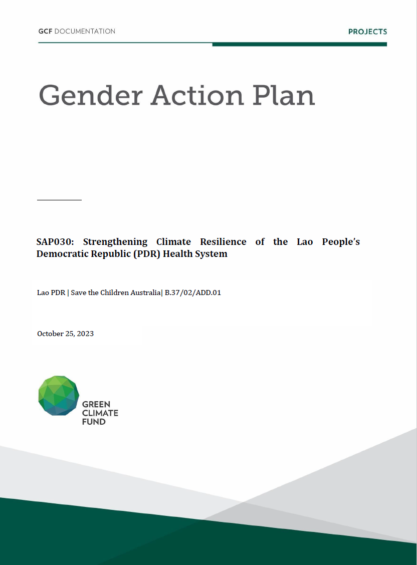 Document cover for Gender action plan for SAP030: Strengthening Climate Resilience of the Lao People’s Democratic Republic (PDR) Health System