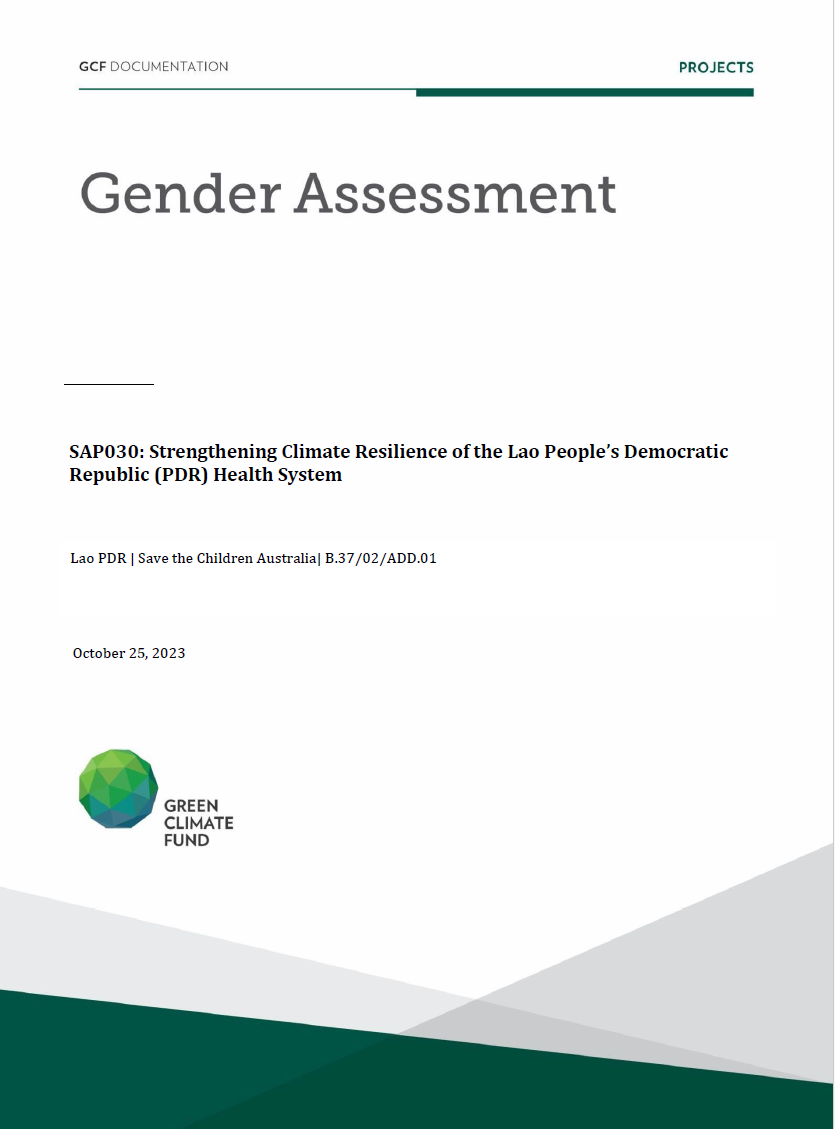 Document cover for Gender assessment for SAP030: Strengthening Climate Resilience of the Lao People’s Democratic Republic (PDR) Health System