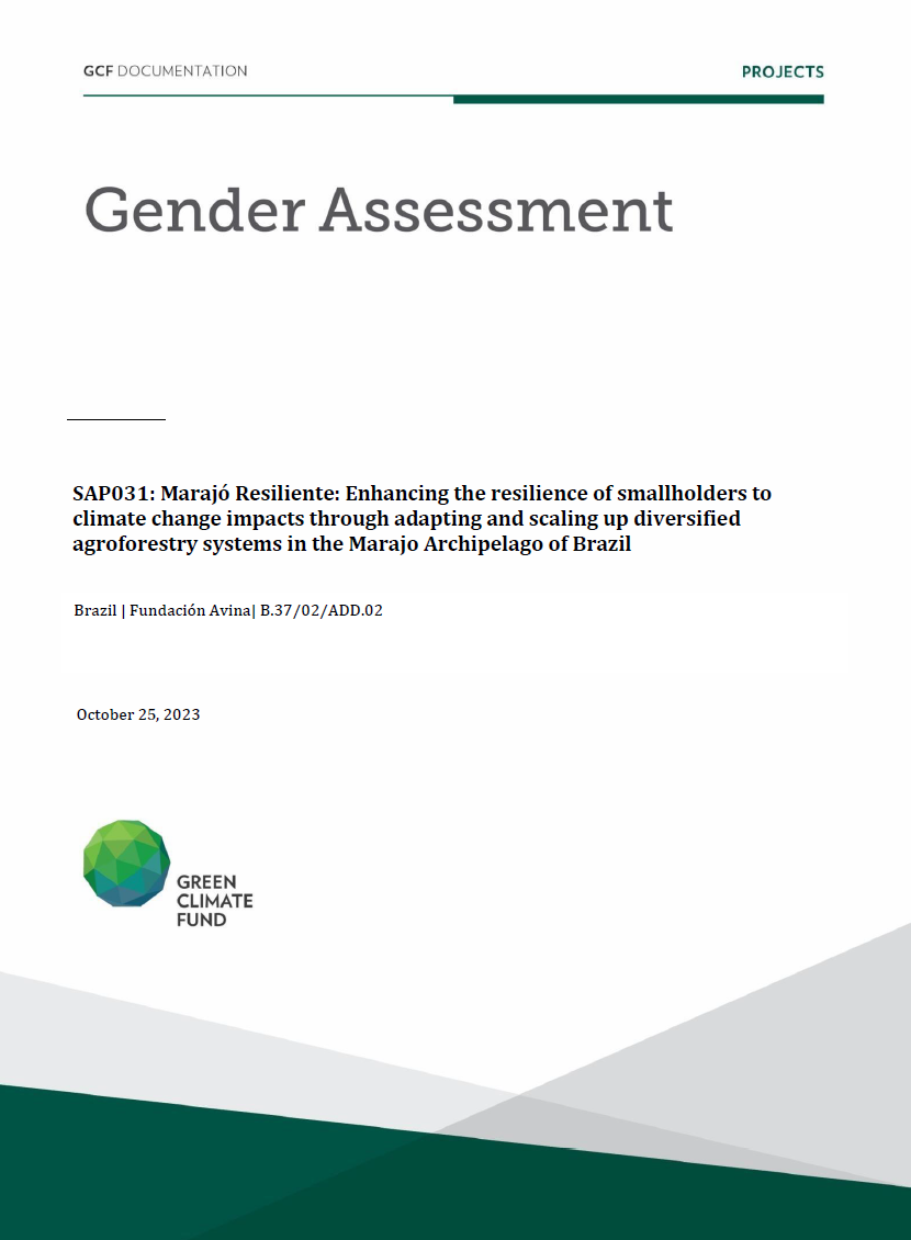 Document cover for Gender assessment for SAP031: Marajó Resiliente: Enhancing the resilience of smallholders to climate change impacts through adapting and scaling up diversified agroforestry systems in the Marajo Archipelago of Brazil