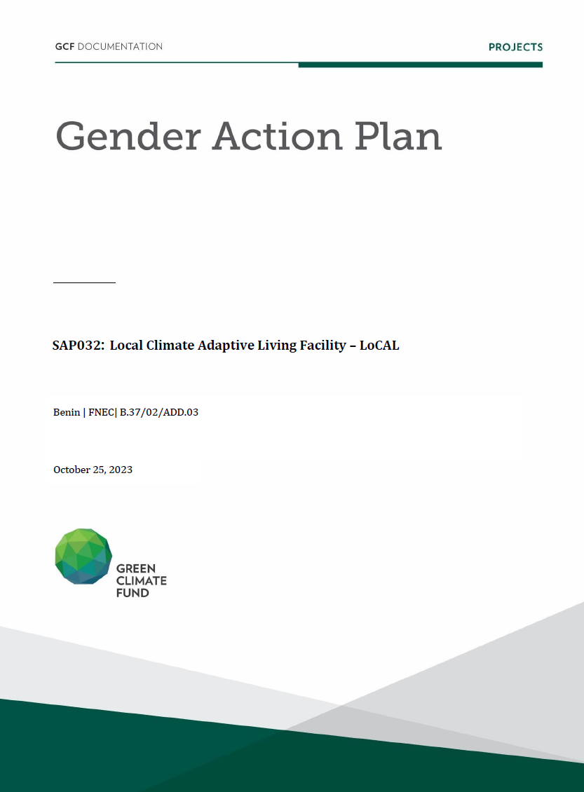Document cover for Gender action plan for SAP032: Local Climate Adaptive Living Facility – LoCAL