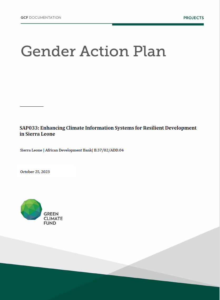 Download Gender action plan for SAP033: Enhancing Climate Information Systems for Resilient Development in Sierra Leone Document cover for Gender action plan for SAP033: Enhancing Climate Information Systems for Resilient Development in Sierra Leone