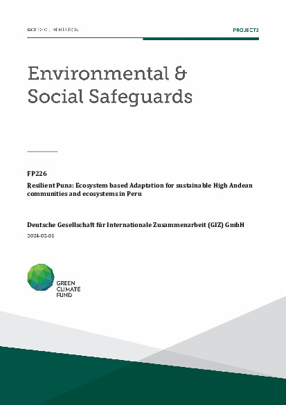 Document cover for Environmental and social safeguards (ESS) report for FP226: Resilient Puna: Ecosystem based Adaptation for sustainable High Andean communities and ecosystems in Peru