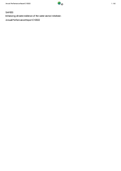 Download 2022 Annual Performance Report for SAP003: Enhancing climate resilience of the water sector in Bahrain Document cover for 2022 Annual Performance Report for SAP003: Enhancing climate resilience of the water sector in Bahrain
