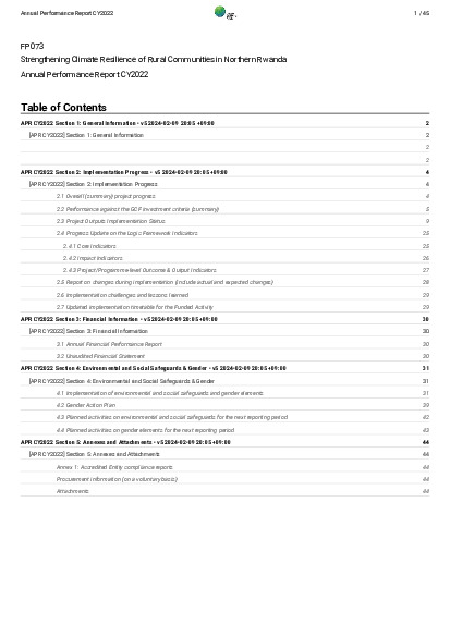 Document cover for 2022 Annual Performance Report for FP073: Strengthening Climate Resilience of Rural Communities in Northern Rwanda