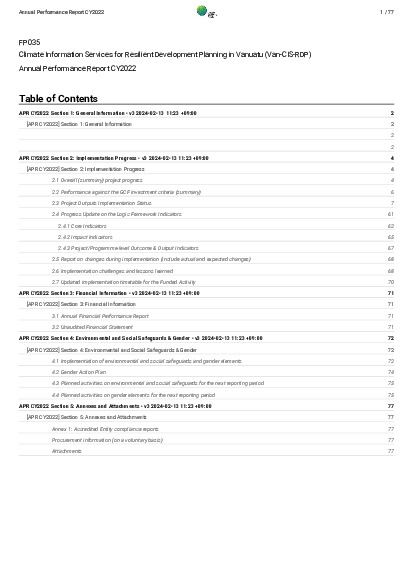 Download 2022 Annual Performance Report for FP035: Climate Information Services for Resilient Development Planning in Vanuatu (Van-CIS-RDP) Document cover for 2022 Annual Performance Report for FP035: Climate Information Services for Resilient Development Planning in Vanuatu (Van-CIS-RDP)