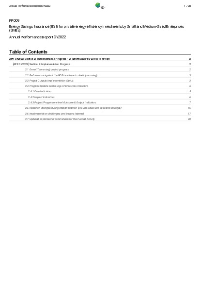 Document cover for  2022 Annual Performance Report for FP009: Energy Savings Insurance (ESI) for private energy efficiency investments by Small and Medium-Sized Enterprises (SMEs)