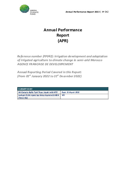 Document cover for  2022 Annual Performance Report for FP042: Irrigation development and adaptation of irrigated agriculture to climate change in semi-arid Morocco