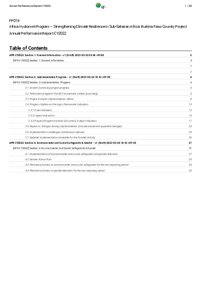 Document cover for  2022 Annual Performance Report for FP074: Africa Hydromet Program – Strengthening Climate Resilience in Sub-Saharan Africa: Burkina Faso Country Project