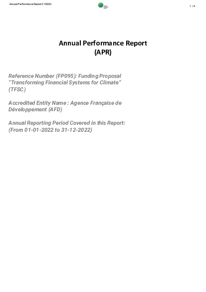Document cover for  2022 Annual Performance Report for FP095: Transforming Financial Systems for Climate