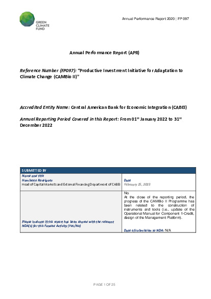 Document cover for  2022 Annual Performance Report for FP097: Productive Investment Initiative for Adaptation to Climate Change (CAMBio II)