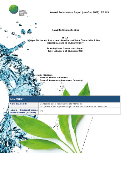 Document cover for  2022 Annual Performance Report for FP119: Water Banking and Adaptation of Agriculture to Climate Change in Northern Gaza