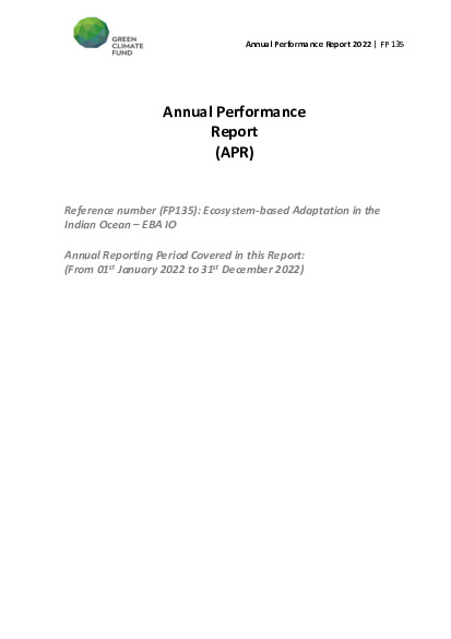 Document cover for  2022 Annual Performance Report for FP135: Ecosystem-based Adaptation in the Indian Ocean – EBA IO
