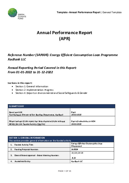 Document cover for  2022 Annual Performance Report for SAP004: Energy Efficient Consumption Loan Programme