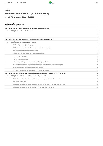 Document cover for 2022 Annual Performance Report for FP152: Global Subnational Climate Fund (SnCF Global) – Equity