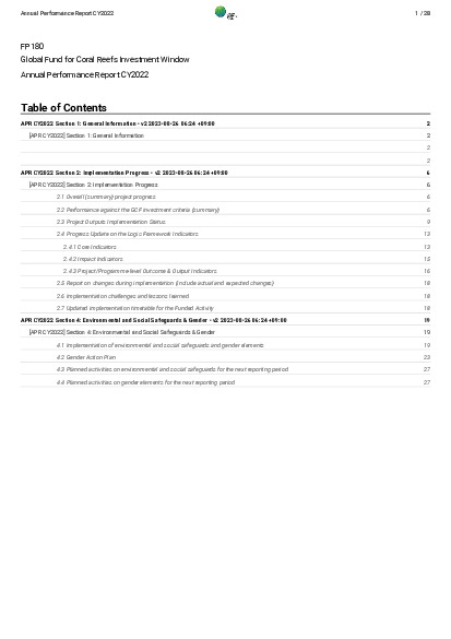 Document cover for 2022 Annual Performance Report for FP180: Global Fund for Coral Reefs Investment Window