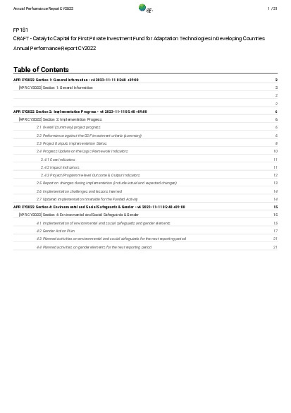 Download 2022 Annual Performance Report for FP181: CRAFT - Catalytic Capital for First Private Investment Fund for Adaptation Technologies in Developing Countries Document cover for 2022 Annual Performance Report for FP181: CRAFT - Catalytic Capital for First Private Investment Fund for Adaptation Technologies in Developing Countries