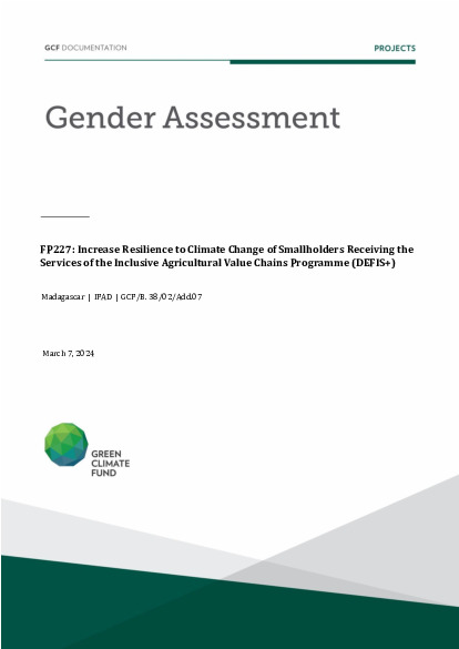 Document cover for Gender assessment for FP227: Increase Resilience to Climate Change of Smallholders Receiving the Services of the Inclusive Agricultural Value Chains Programme (DEFIS+)