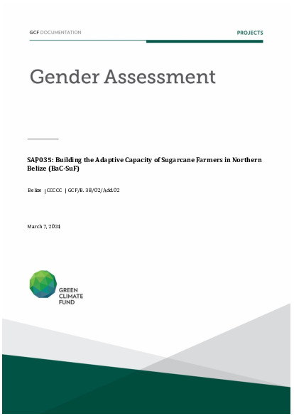 Document cover for Gender assessment for SAP035: Building the Adaptive Capacity of Sugarcane Farmers in Northern Belize (BaC-SuF)