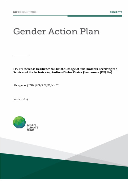 Document cover for Gender action plan for FP227: Increase Resilience to Climate Change of Smallholders Receiving the Services of the Inclusive Agricultural Value Chains Programme (DEFIS+)